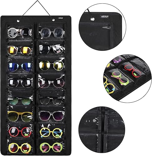 Miniatura 2 de AROUY Organizador de gafas de sol, organizador de gafas con bolsillo para colgar en la pared - Organizador de gafas de sol con 16 ranuras de fieltro