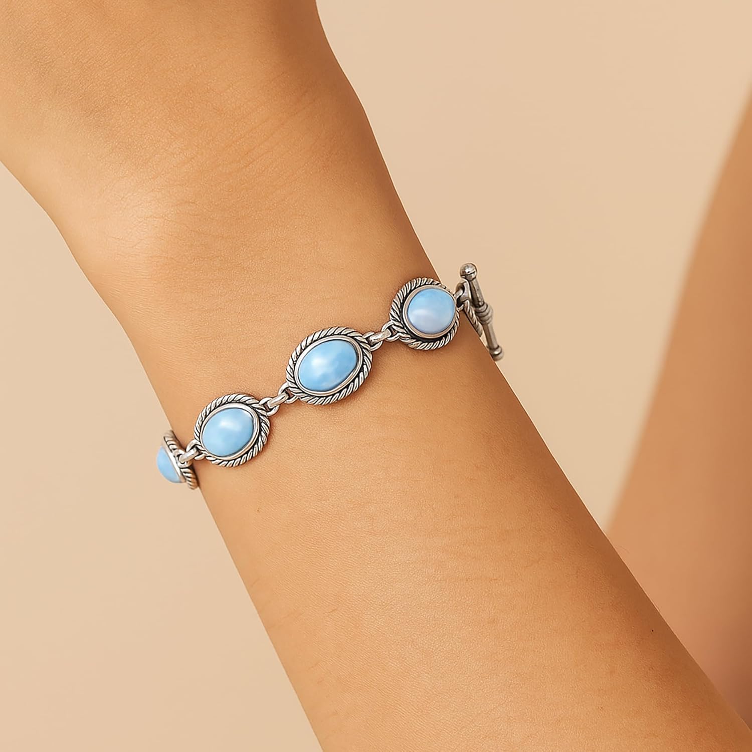 925 Sterling Silver Larimar Bracelet for Women – Handmade Oval Blue Larimar Gemstone Link Bracelet – Toggle Clasp Boho Jewelry – Ocean-Inspired Birthstone Gift