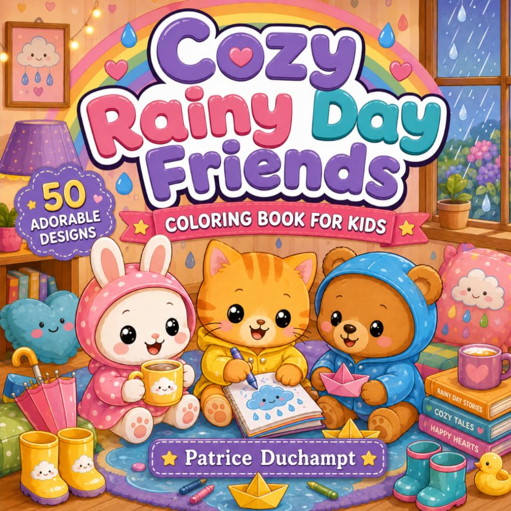 Cozy Rainy Day Friends Coloring Book: 50 Adorable Designs