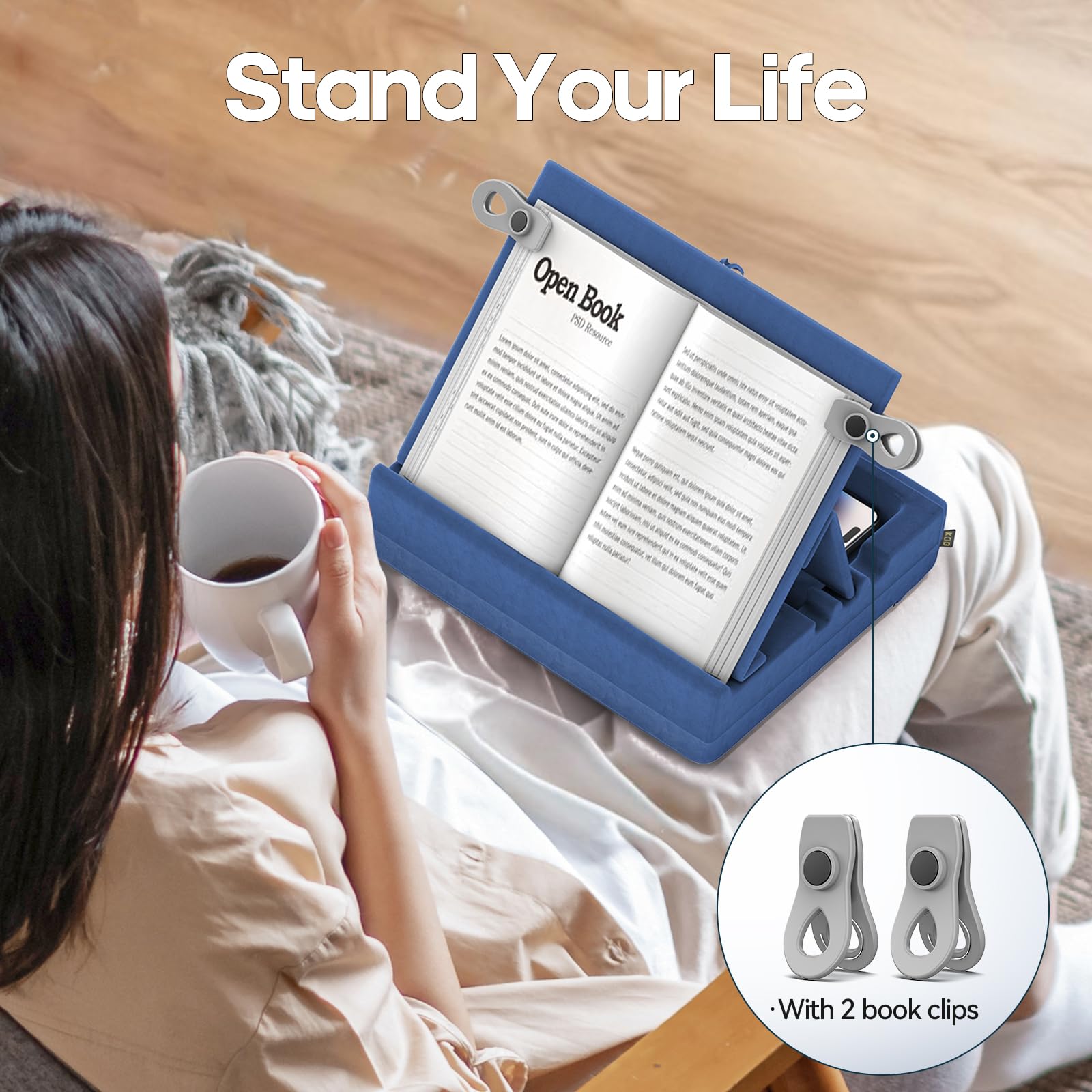 KDD Boekenstandaard om te lezen, leeskussenstandaards met meerdere hoeken, met organizerlade voor schoot, bed, bureau en bank, opvouwbare tabletkussenhouder voor I-pad, telefoon, e-reader (4,7-15