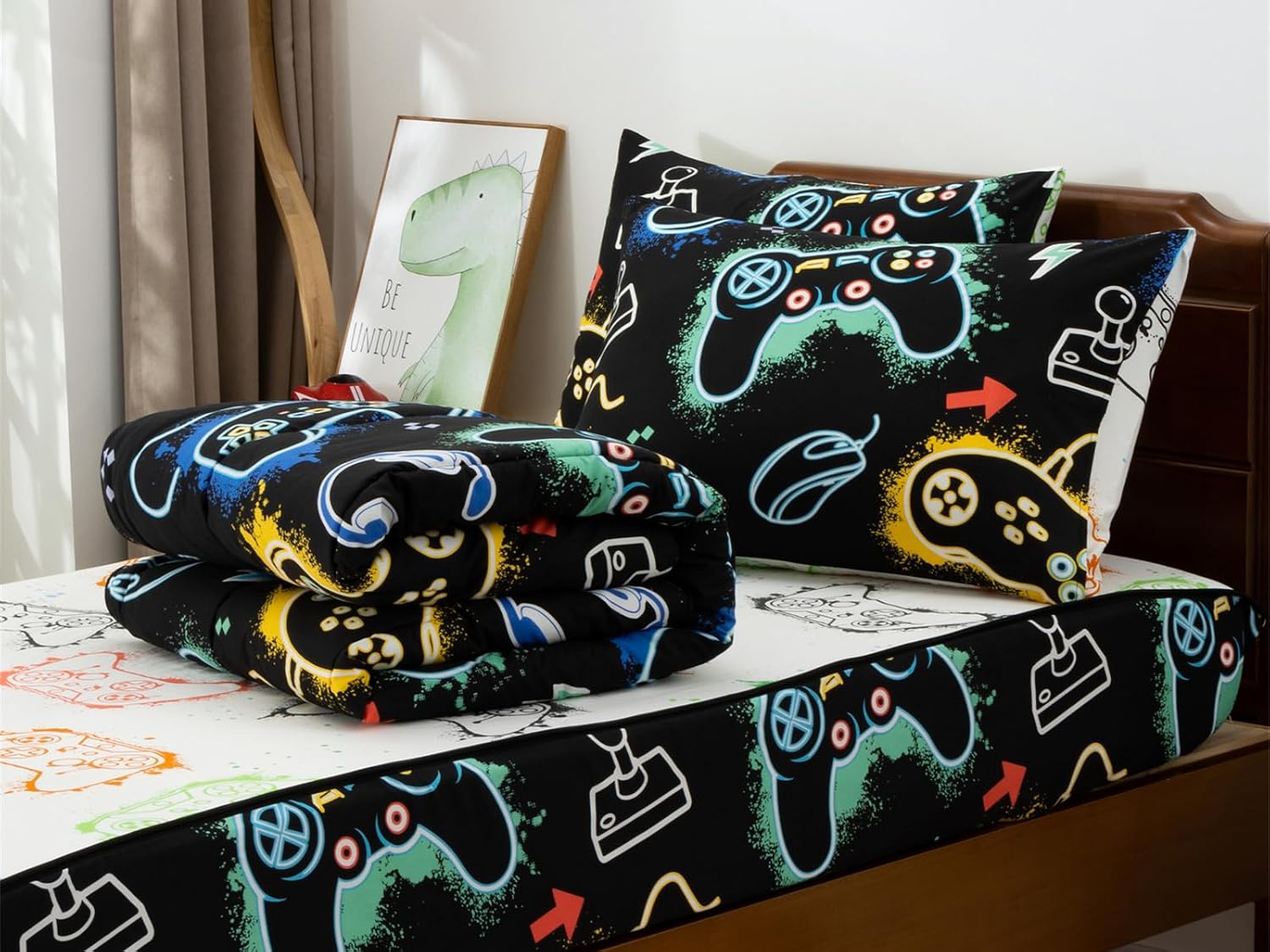 Aimua Glow in the Dark Game Zipper Bedding Set - Gamer Controller Zippered Comforter for Girls, All in one Zipper Bedding (Twin, Navy)