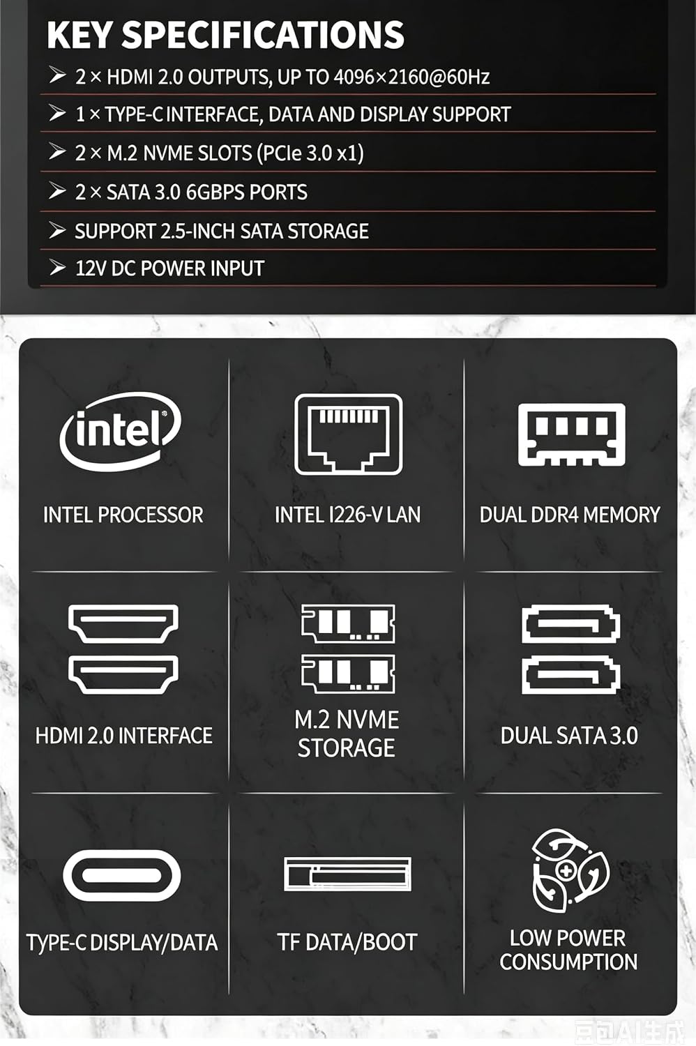 4 Port 2.5G Fanless Mini PC, Celeron J6413 4C/4T 10W Low Power, I226-V LAN, Dual NVMe+Dual SATA,Max 64GB DDR4,Triple 4K Display, Router Firewall Virtualization Industrial Computer ( without RAMandSSD) image 2