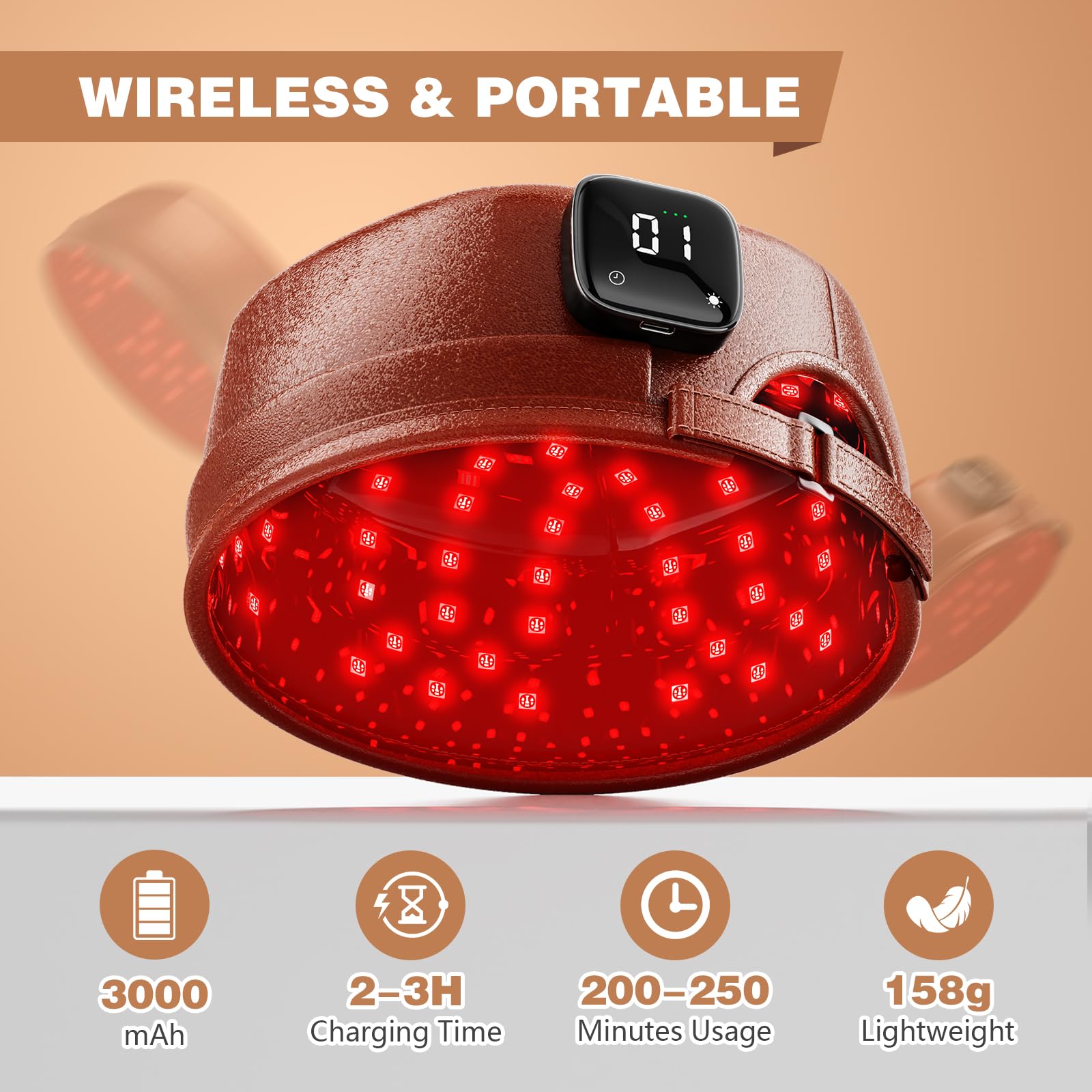 iKeener lllt Casque Laser pour Repousse Cheveux, 660nm & 850nm Sans fil Casquette Lumière Rouge Cheveux pour Pousse Cheveux, Dispositifs pour la repousse des cheveux Femme Homme (Marron)