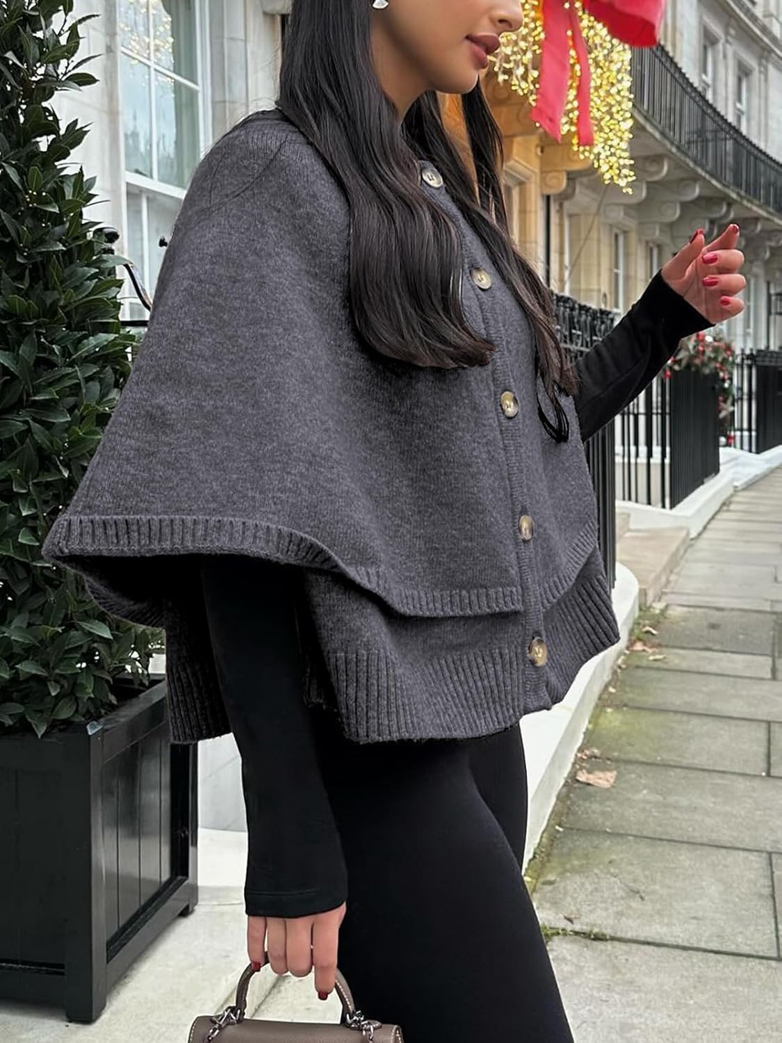 HOULENGS Women's Round Neck Shawl Cardigan Sweater Casual Button Down Cropped Knit Cape Coat Fall Trendy Sweater Jacket - Image 2