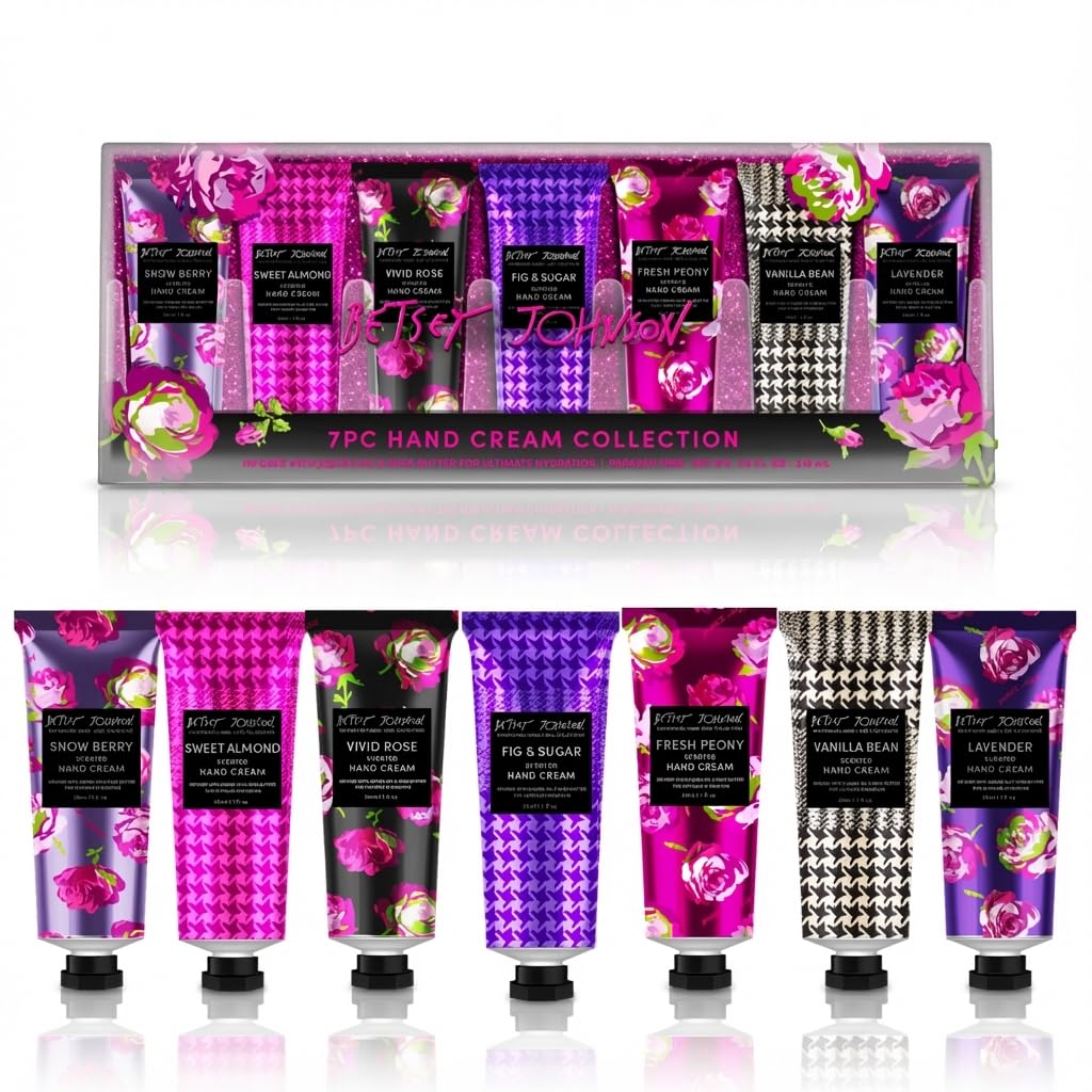 Betsey Johnson Hand Cream Gift Set – 7 Piece Travel Size Lotion Collection for Women, Mini Hand Cream for Dry Skin, Moisturizing Hand Lotion with Lavender, Rose, Vanilla & More – 30ml Each