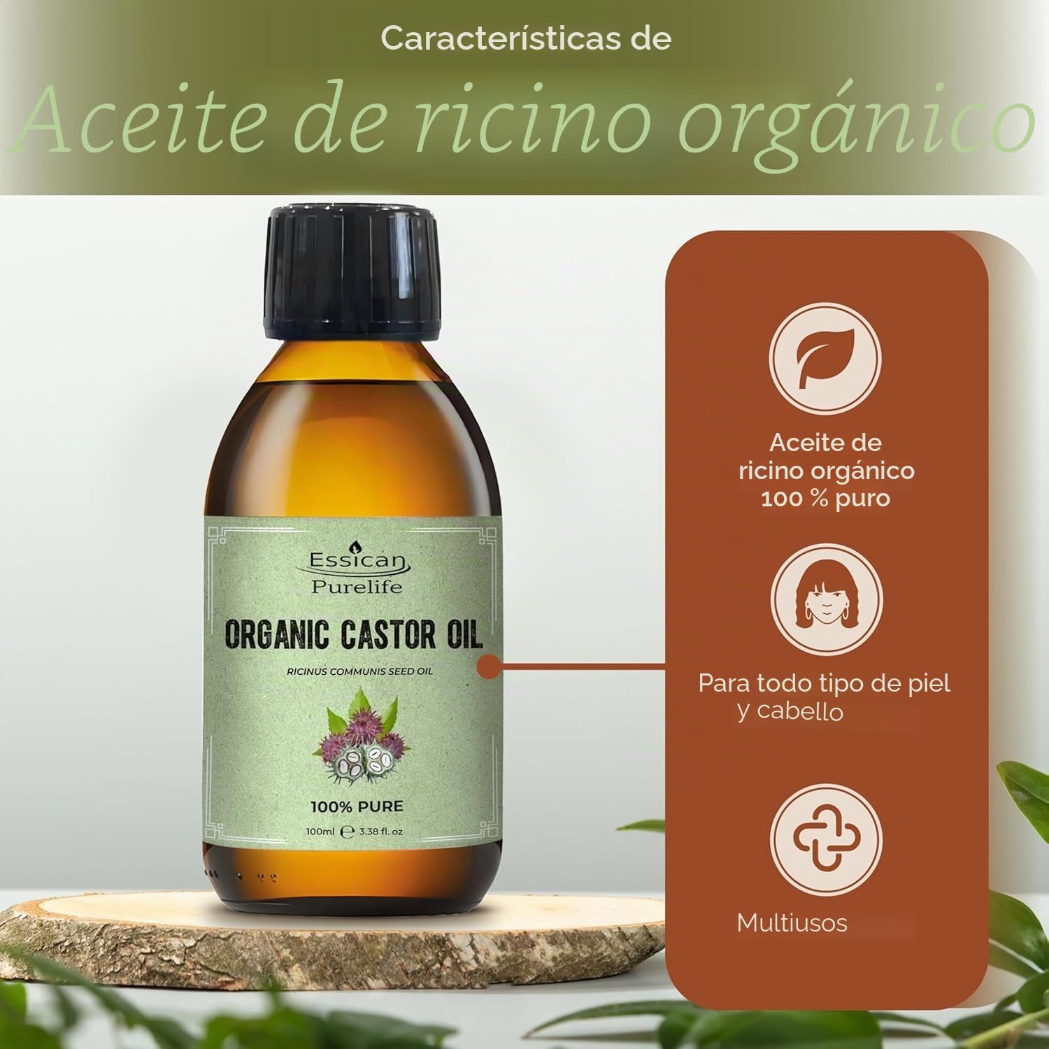 Aceite de Ricino Orgánico Sin Hexano 100ml Botella de Vidrio para Piel y Cabello