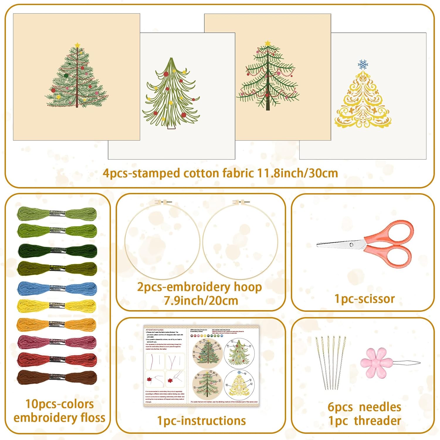 BEUNITONE 4PCS Christmas Tree Embroidery Kit Merry Christmas Stamped Snowflake Pine Tree Needlepoint Kit DIY Adult Beginner Stamped Cross Stitch Kit with Patterns and Instructions