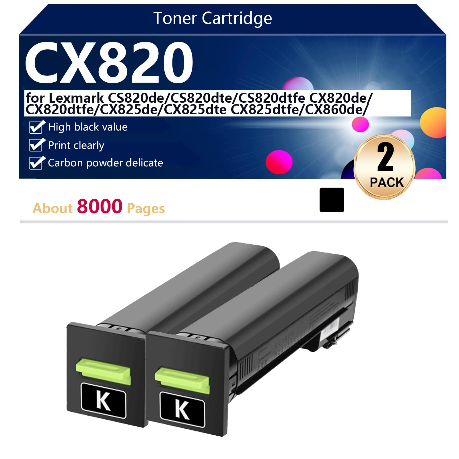 CX820 Cartucho de Tóner Compatible para Lexmark CS820de CS820dte CS820dtfe CX820de CX820dtfe CX825de Impresoras, para Escuelas, Hospitales y Bancos, 8000 Páginas,Black-2 Pack
