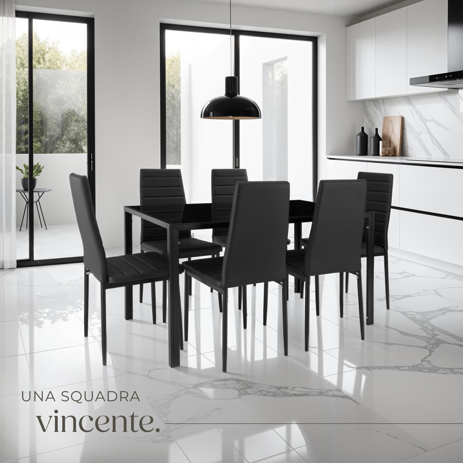 tectake® Set di Mobili per Sala da Pranzo, 6 Sedie in Similpelle Resistente, Tavolo con Piano in Vetro, Design Moderno, Piedini SalvaPavimento, Ideale per Cucina e Soggiorno - Nero/Nero