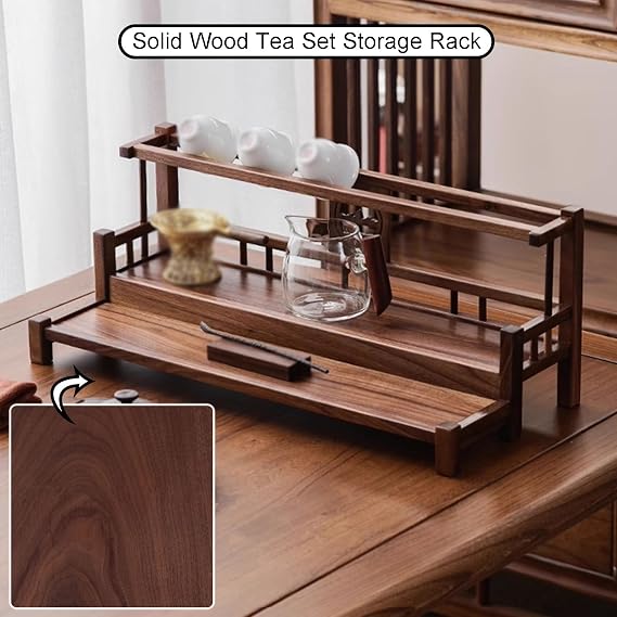 Solid Wood Chinese Tea Cup Holder, Tea Set Storage Rack, Desktop Decoration Teaware Storage Shelf For Living Room Kitchen Office,No Assembly Required(C-50x16x27.5cm)