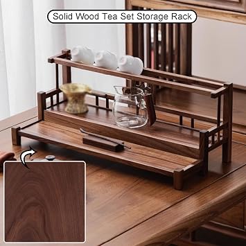 Solid Wood Chinese Tea Cup Holder, Tea Set Storage Rack, Desktop Decoration Teaware Storage Shelf For Living Room Kitchen Office,No Assembly Required(C-50x16x27.5cm)