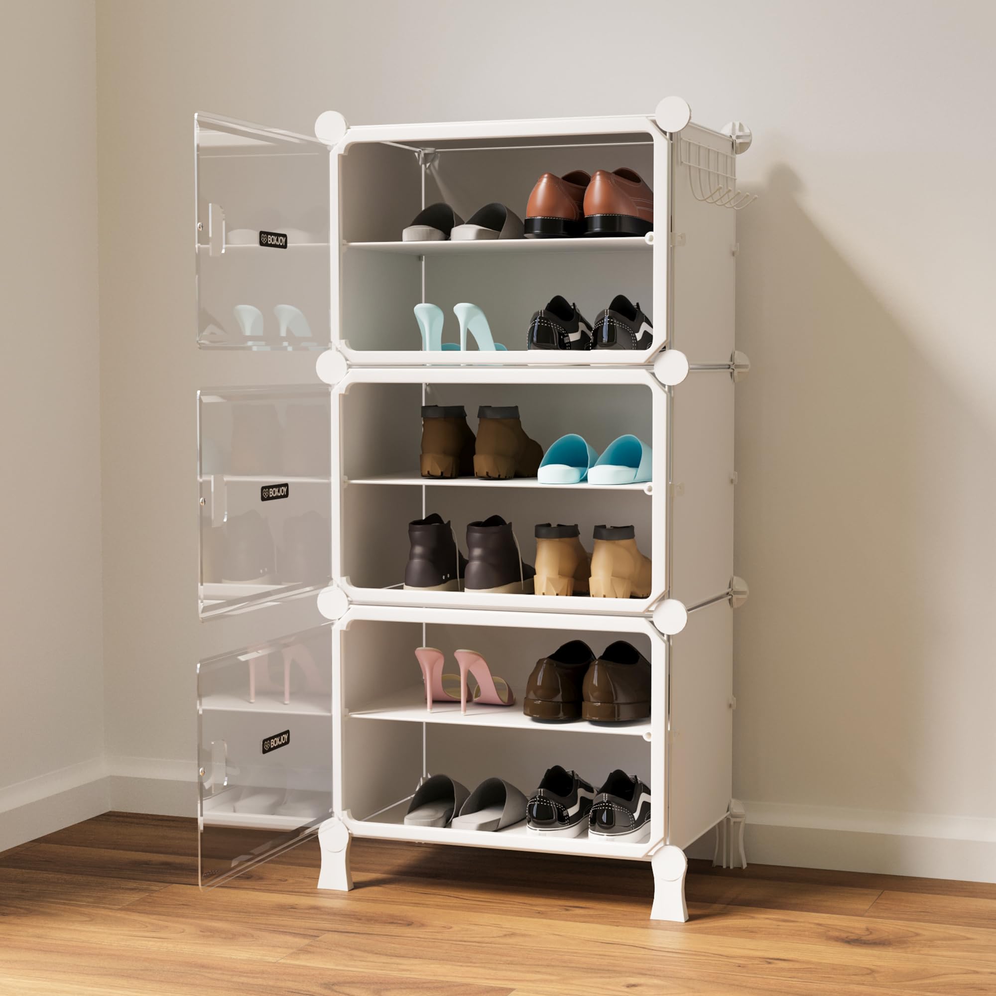 BOXJOY 6 Shelf Shoe Rack with 3 Doors, Magnets and 5 Hook Steel Holder for Home Storage Box Organizer, Hard PET Plastic with Metal Frame, Shoe Chappal Slipper Sandals Stand(White, Transparent Door)