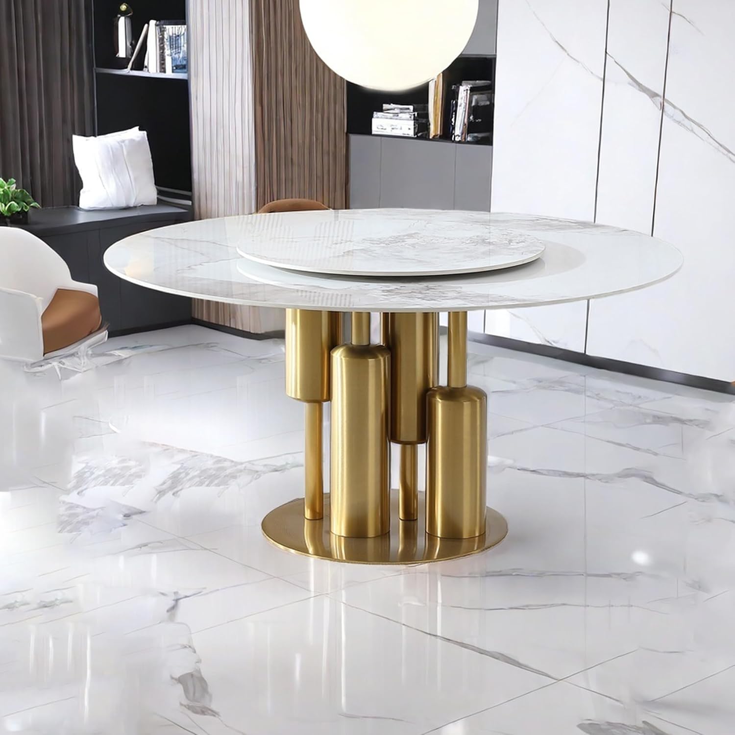 Leavader Marble Dining Table, 59" D Round Sintered Stone Tabletop with 31.5" D Removable Turntable, Luxurious Dining Room Table with Stainless Steel Base for Kitchen, Home Office