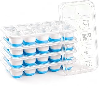 Silicone Ice Cube Tray, 4 Pack Easy-Release & Flexible Ice Cube Trays with Spill-Resistant Removable Lid, Stackable Ice Trays with Covers for Freezer, Cocktail (4 Blue)