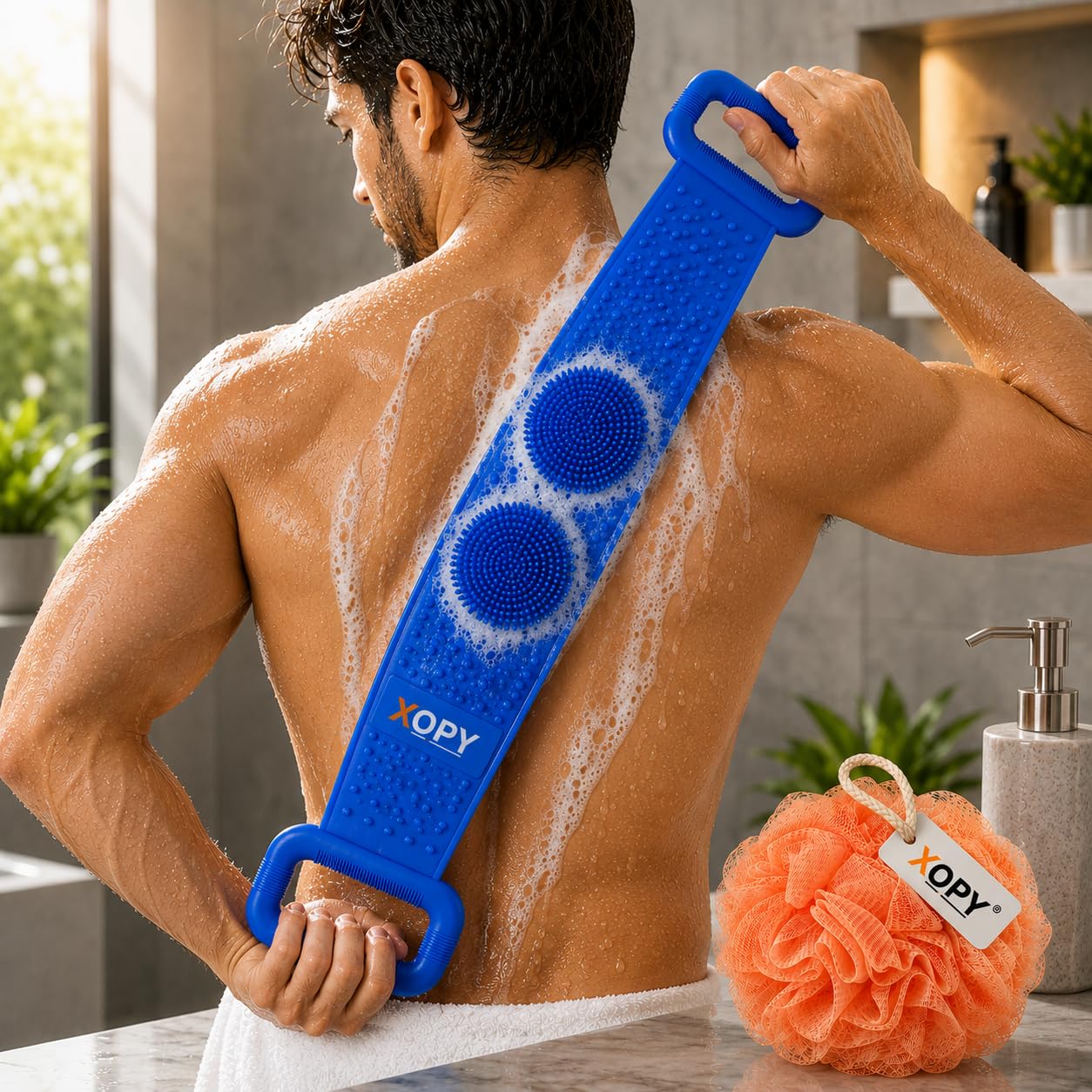 2in 1 Combo of Bathing Belt and Loofah, Silicone Back Scrubber for Men & Women with Soft Bath Loofah | Double-Sided Body Exfoliating Belt for Deep Cleansing & Massage | Long Handle Shower Scrubber for Smooth Skin | Blue Bath Belt & Orange Mesh Pouf Combo-image-2