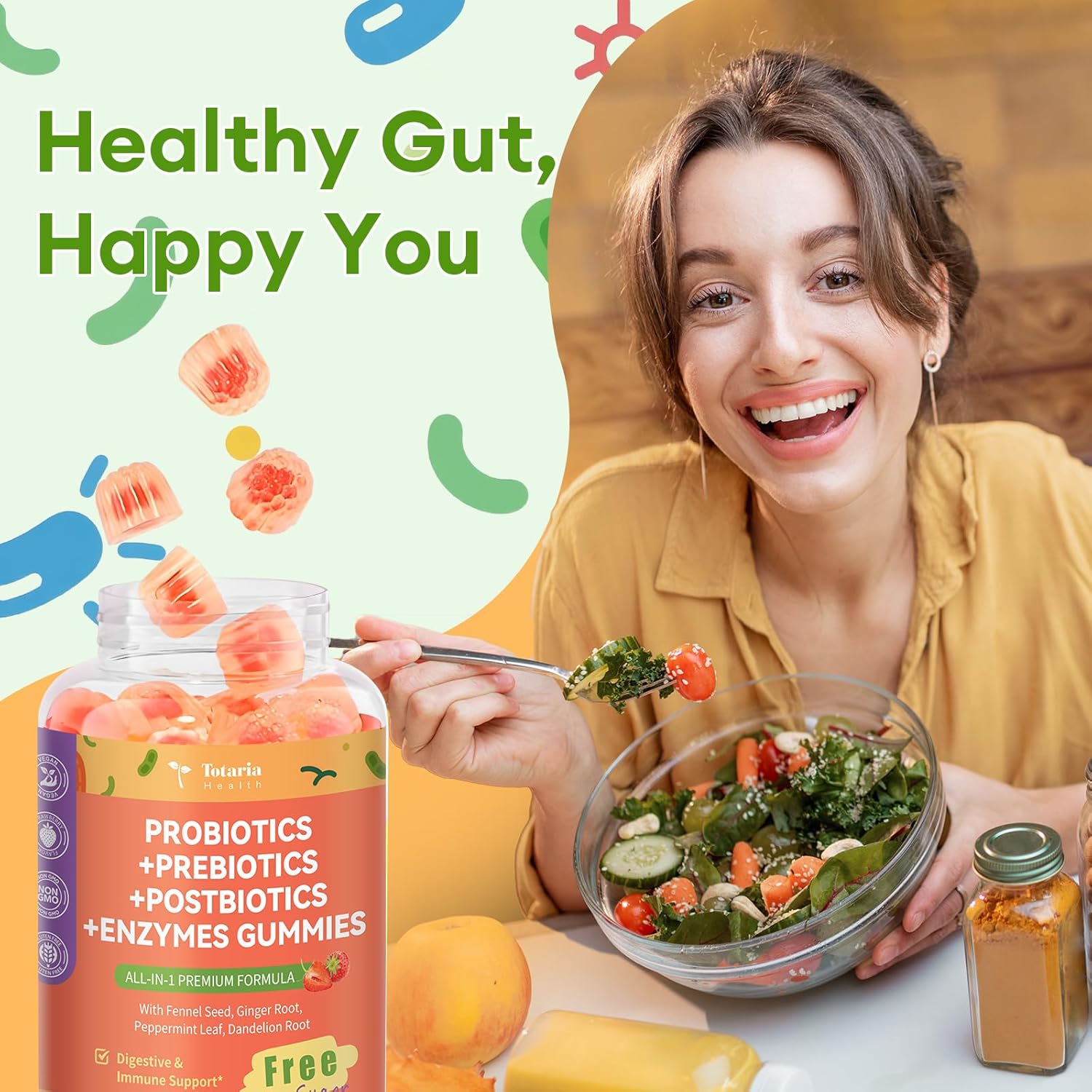 (2 Packs) Totaria Sugar Free 5-in-1 Probiotic Prebiotic Postbiotic Gummy, Probiotics for Women Men with Digestive Enzymes, Peppermint, Complete Immune, Gut & Digestive Support, Vegan Strawberry Flavor - Image 6