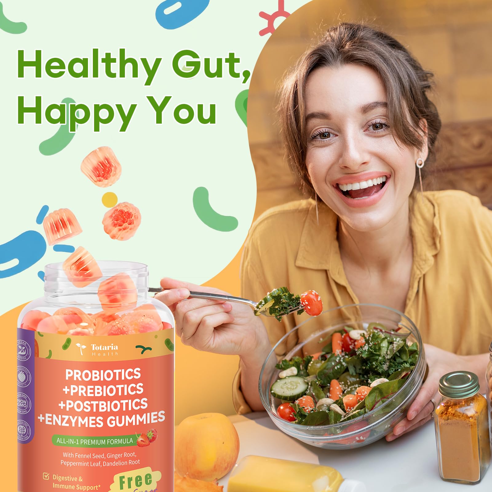 (2 Packs) Totaria Sugar Free 5-in-1 Probiotic Prebiotic Postbiotic Gummy, Probiotics for Women Men with Digestive Enzymes, Peppermint, Complete Immune, Gut & Digestive Support, Vegan Strawberry Flavor — Amazon image 6