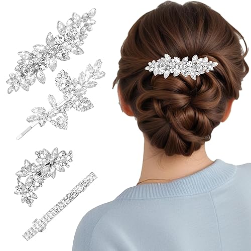 4PCS Rhinestone Hair Clips, Sparkly Silver Barrettes for Bridal Wedding