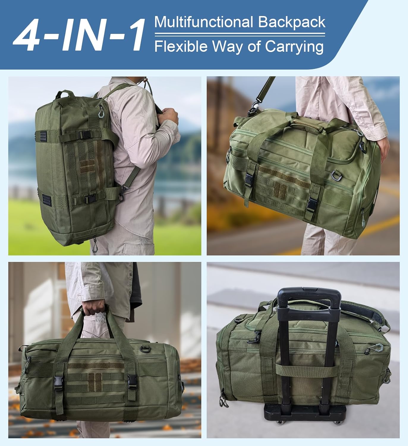 Hannibal Tactical 50L Large Duffle Bag, 3-in-1 Tactical Backpack MOLLE Pack for Sports/Gym/Outdoor, Olive Green