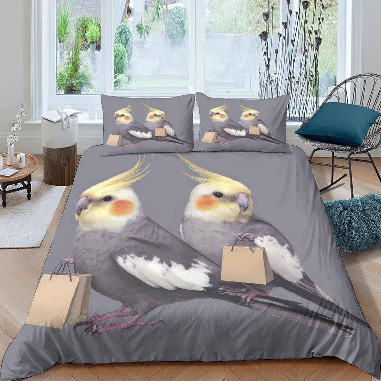 Ctjqhvkz Style-7 3D Printed Cockatiel Bird Fitted Sheet Microfiber Anti-Slip Grey Parrot Bed Cover For Bedroom Dorm Decor Single（135X200cm）