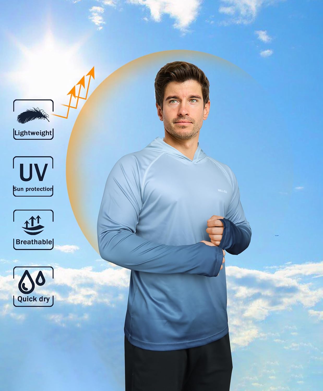 Men's UPF 50+ Sun Protection Hoodie Shirt Long Sleeve SPF Fishing Outdoor UV Hiking Lightweight Shirts
