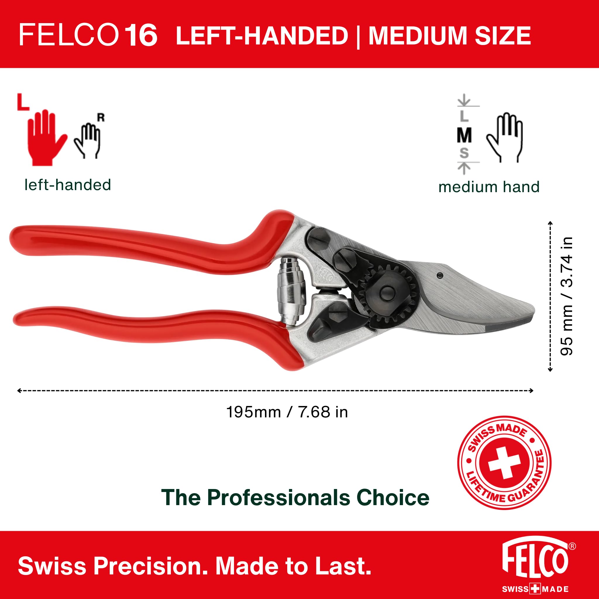 FELCO 16 tijeras de podar para zurdos con manos medianas, corte 20 mm | Versión zurdos con cuchilla de acero templado 42 mm, para cortes precisos en rosas y arbustos. Swiss Made.