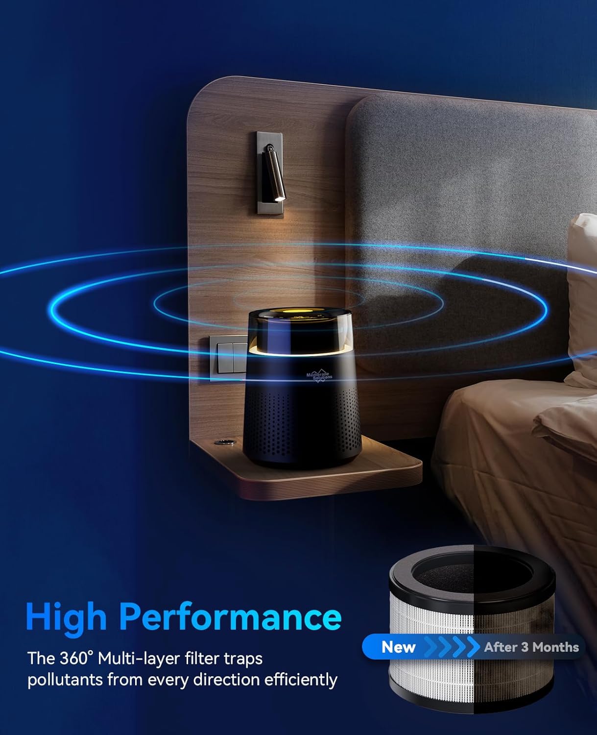 Four-step diagram illustrating the filter replacement process: unplugging, removing old filter, inserting new filter, and resetting the filter timer.