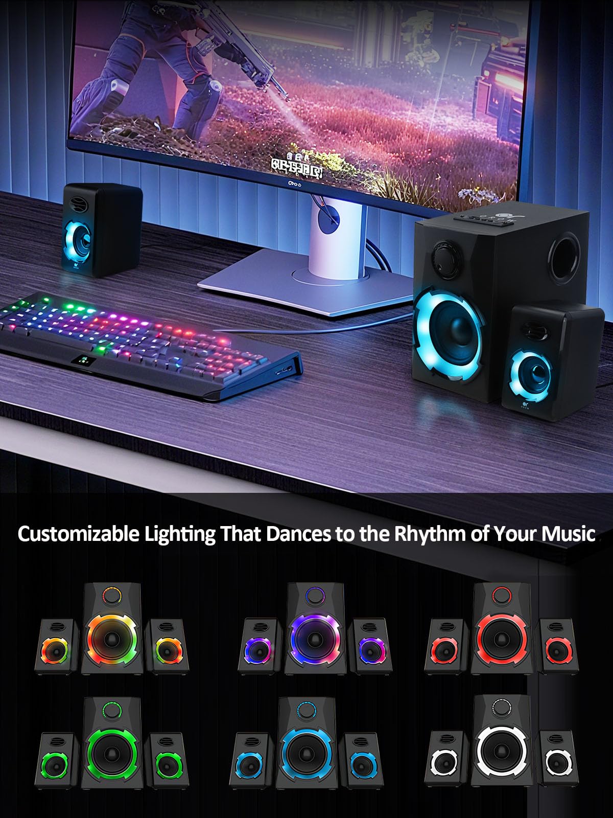 OR O R O W Głośniki PC, 40 W głośnik PC z Bluetooth, głośnik PC z subwooferem, głośnik komputerowy dla graczy, głośniki do biura/ekranu, laptopa, telewizora