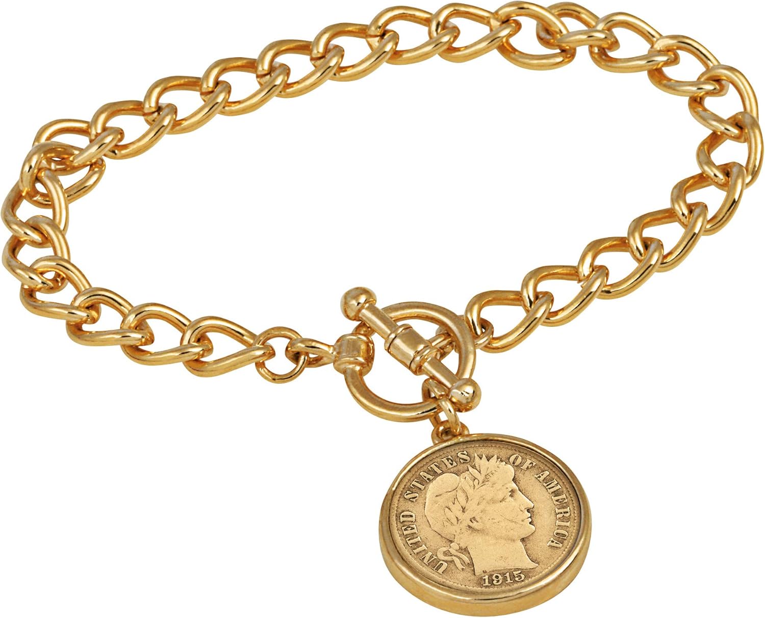 24KT Gold Plated Silver Barber Dime Goldtone Coin Toggle Bracelet