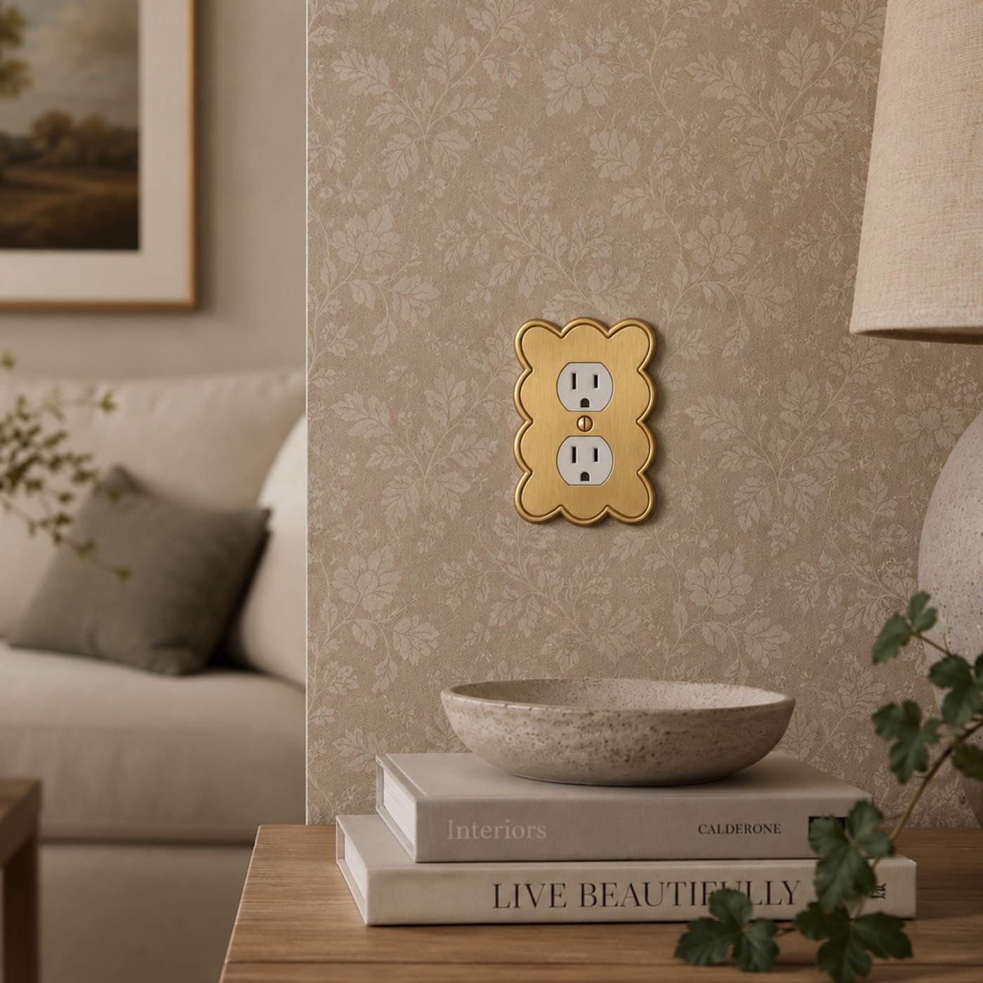 Rio Salto Gold Outlet Cover 1 Gang Duplex Receptacle Light Switch Cover Scalloped Brushed Gold Decorative Premium Metal Wall Plate — Scallop Collection, Midsize 5.31" x 3.50" image 4
