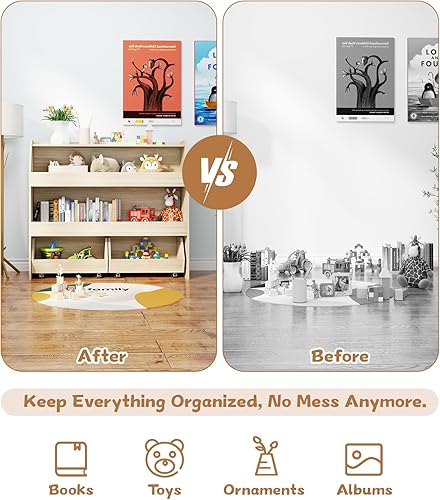 Miniatura 5 de COZPAW Organizador de almacenamiento de juguetes, estante Montessori de 3 niveles con contenedores móviles, organizador de juguetes, estante para