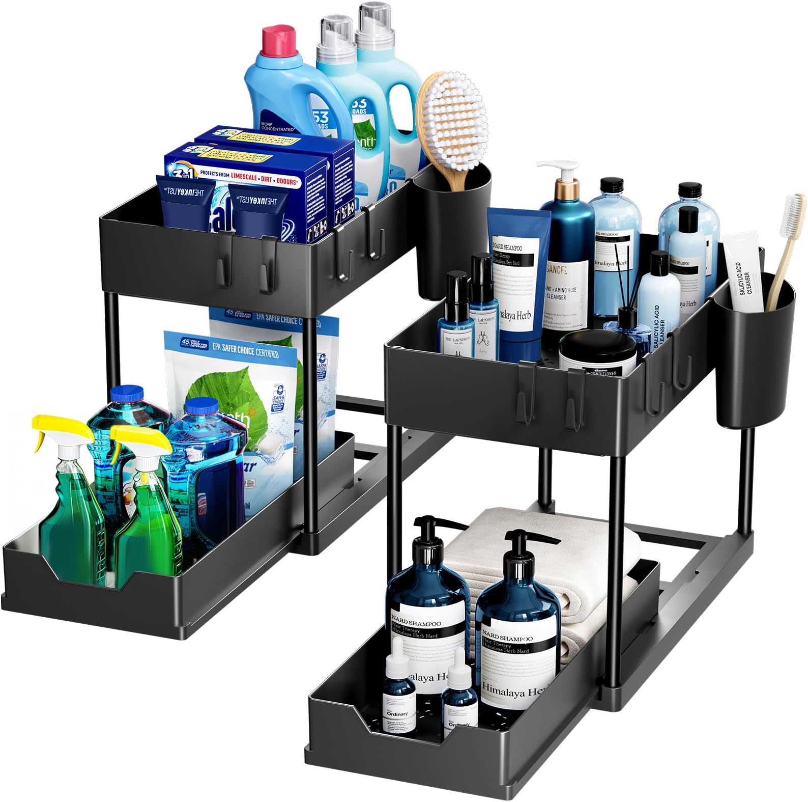 2 Pack Under Sink Organizers and Storage Pull Out Sliding Drawer, 2 Tier Multi-Purpose Kitchen Under The Sink Organizer Under Bathroom Sink Shelf Storage Rack for Countertop Laundry -Black