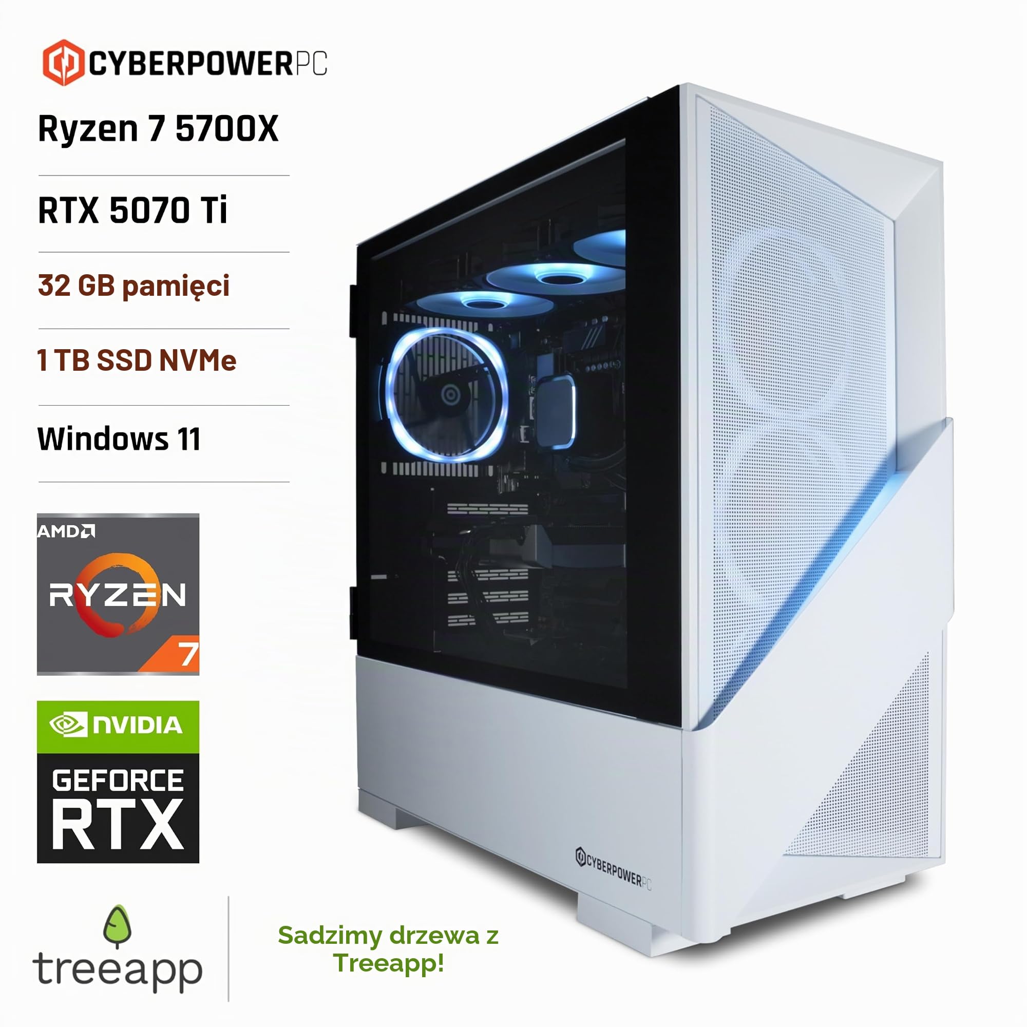 CyberPowerPC Luxe Gaming PC - AMD Ryzen 7 5700X, Nvidia RTX 5070 Ti, 32GB RAM, 1TB NVMe SSD, 750W PSU, Wi-Fi, Windows 11, Liquid Cooling, Amethyst 360M Airflow White