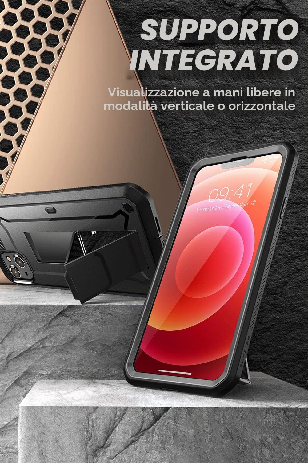 SUPCASE Cover per iPhone 13 (2021) da 6,1 pollici, Custodia con Pellicola Protettiva, Cavalletto, Clip da Cintura, Protezione Antiurto 360 Gradi (Nero)