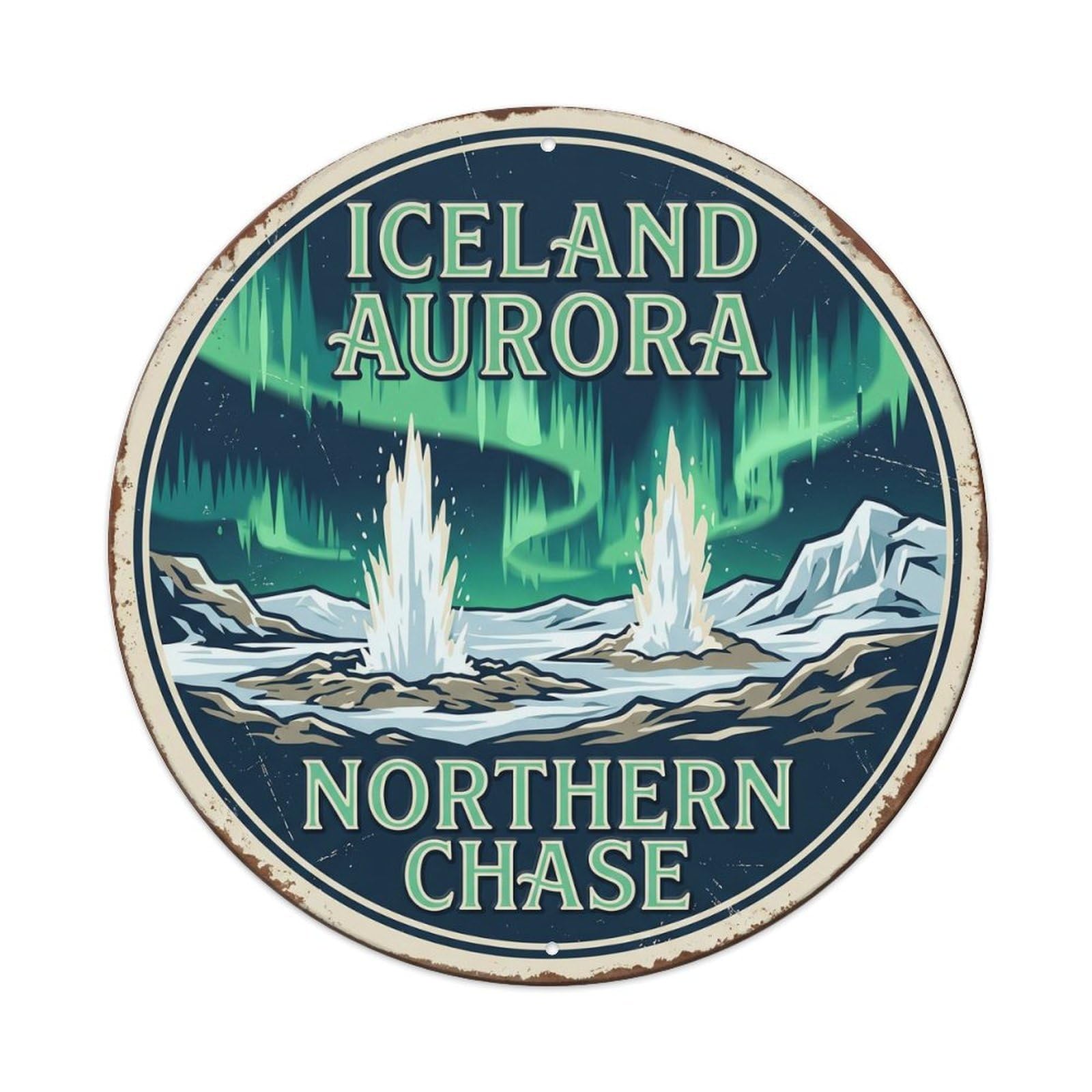 Aurora Northern Chase Iceland Sky Metal Tin Sign Plaque Wall Decor for Cafe, Club, Garden Round Metal Poster 8x8Inch