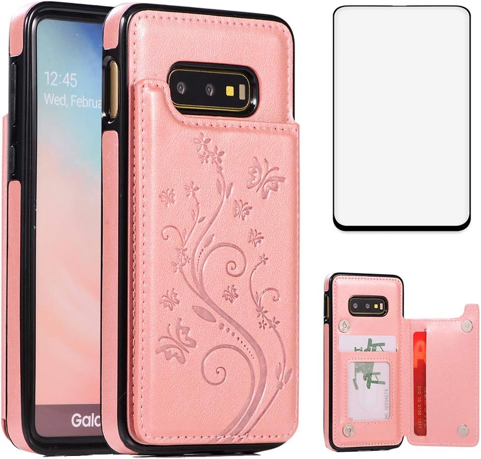 Phone Case for Samsung Galaxy S10e with Tempered Glass Screen Protector and Card Holder Wallet Cover Stand Flip Leather Cell Accessories Glaxay S 10e Gaxaly 10se Galaxies Se10 Cases Women Rose Gold