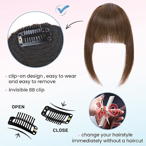 Miniatura 5 de Hairro Flequillo con clip, de cabello humano, fleco francés, con flecos, parte frontal plana, flequillo lateral, clip con cortina de sien, clip en