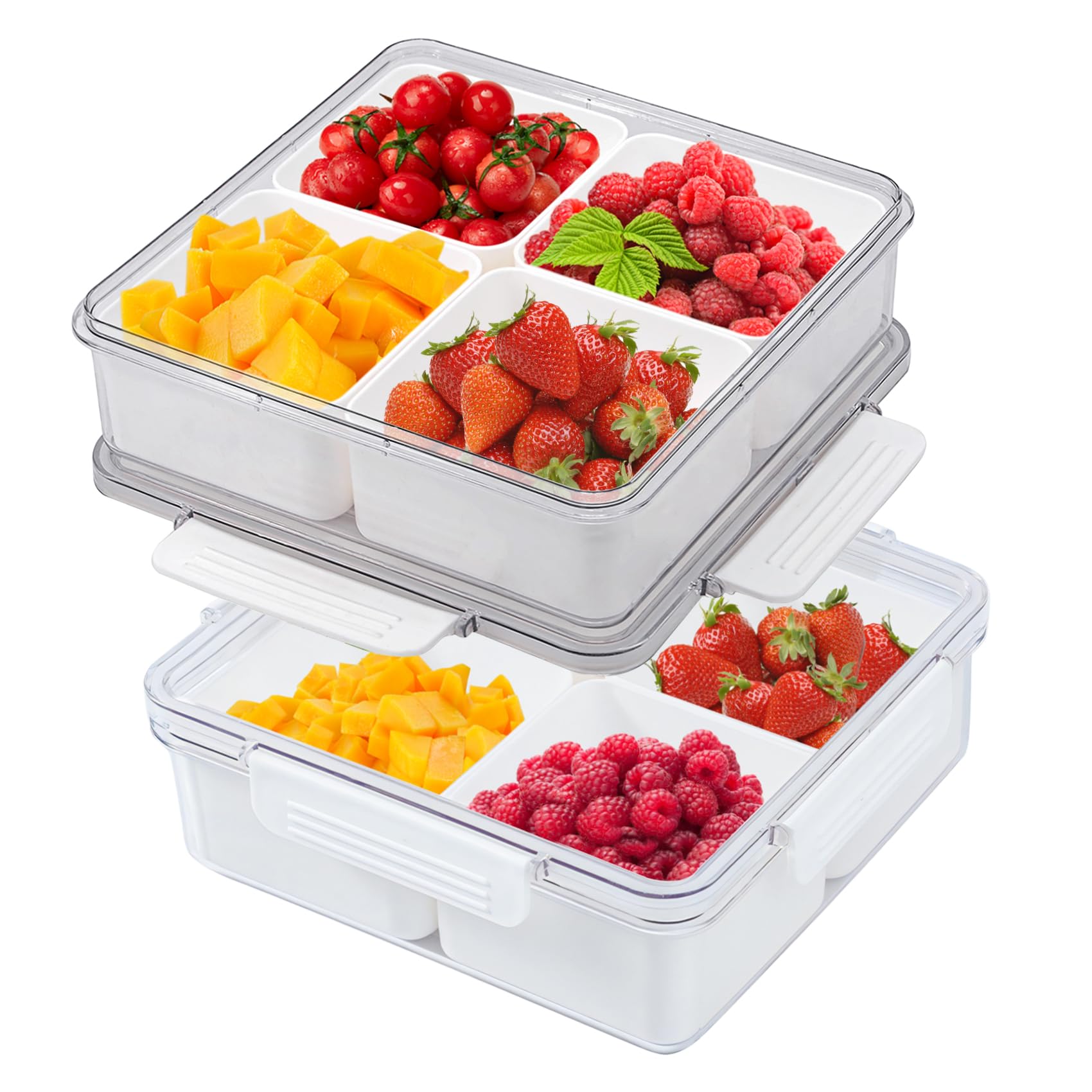 Confezione da 2 vassoi da portata divisi con coperchio a 4 scomparti per verdure, scatola quadrata portatile impilabile per snack, salumi, frutta, verdura, insalata
