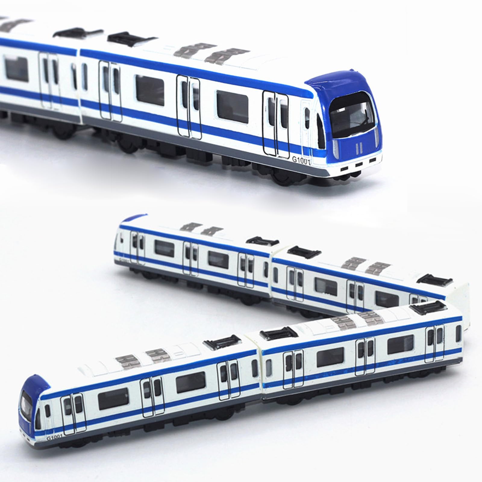 Train Model, 4PCS Multi-Car Railway Set,Alloy City Rail Subway Train Model,1/64 Scale Alloy Subway Blue, White and Blue, Standard
