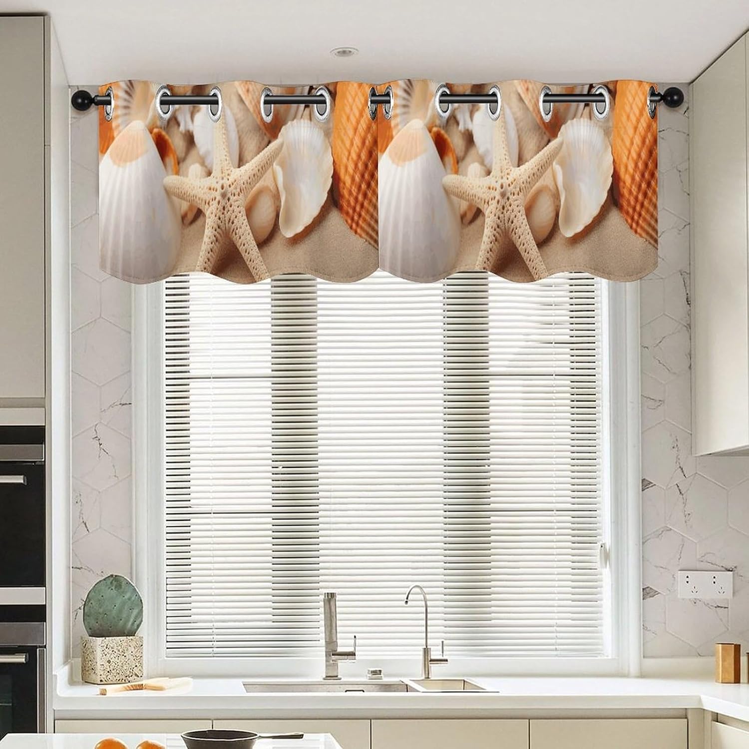 Seashells Starfish on The Sand Valance for Windows, 2 Pack Kitchen Curtains Modern Home Decor, Soft Blackout Window Curtains for Living Room & Bedroom, 18 X 52 Inch