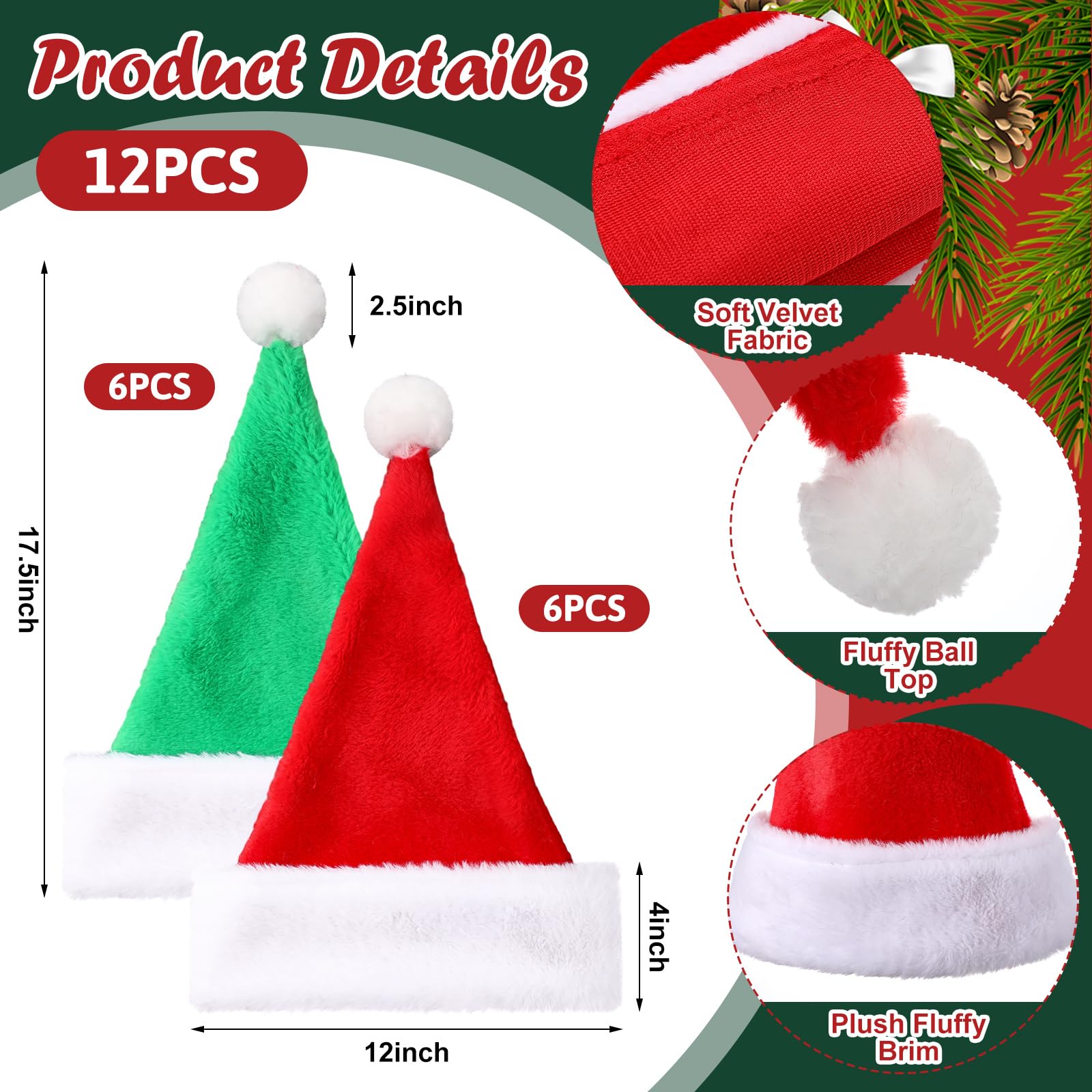 Geyoga Lot de 12 bonnets de Père Noël unisexe en velours avec bordure en fourrure pour homme et femme