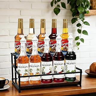 Coffee Syrup Rack Organizer - Metal Bottle Holder for 10 Bottles – Rustic Countertop Display Shelf for Coffee Bar, Kitchen Cabinet, Pantry Storage for Syrups, Liquor, Spice, Tea & Wine (2-Tier)