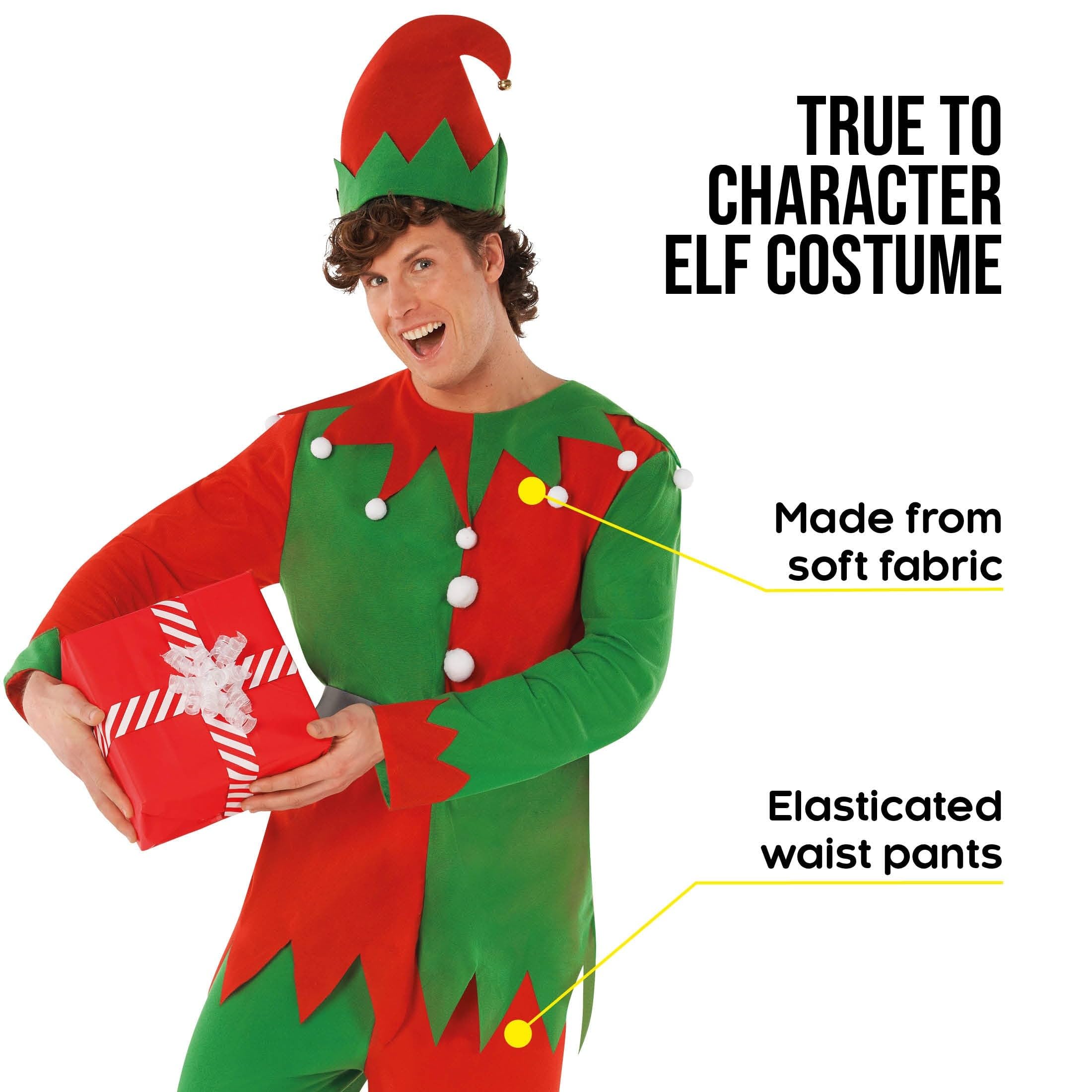 Morph Deguisement Elfe Homme, Costume Lutin de Noel Halloween Homme | Haut, Pantalon, Ceinture, Couvre-Chaussures & Bonnet, Look Lutin de Noël, Parfait pour Halloween, Idéal pour se Déguiser