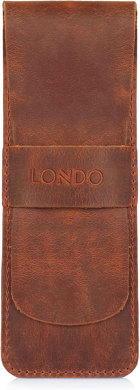 LONDO Zippered Genuine Leather Pen and Pencil Case Cosmetic Pouch
