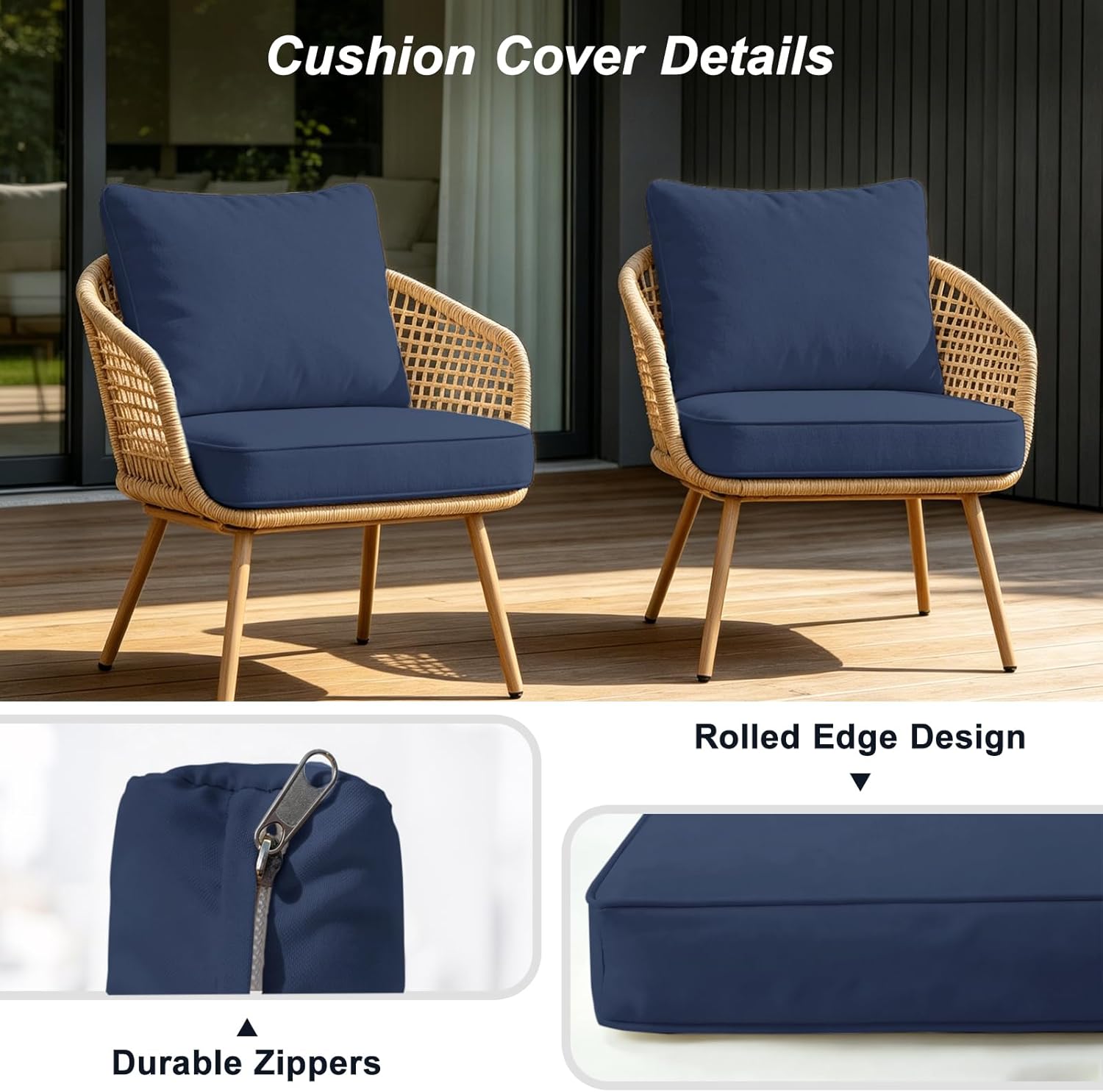 4-Piece Outdoor Patio Cushion Covers, Seat & Back Replacement Set, Covers Only for Patio Furniture, Porch, Deck, Balcony (4Pcs-Blue, 24 * 24 * 4-inch)