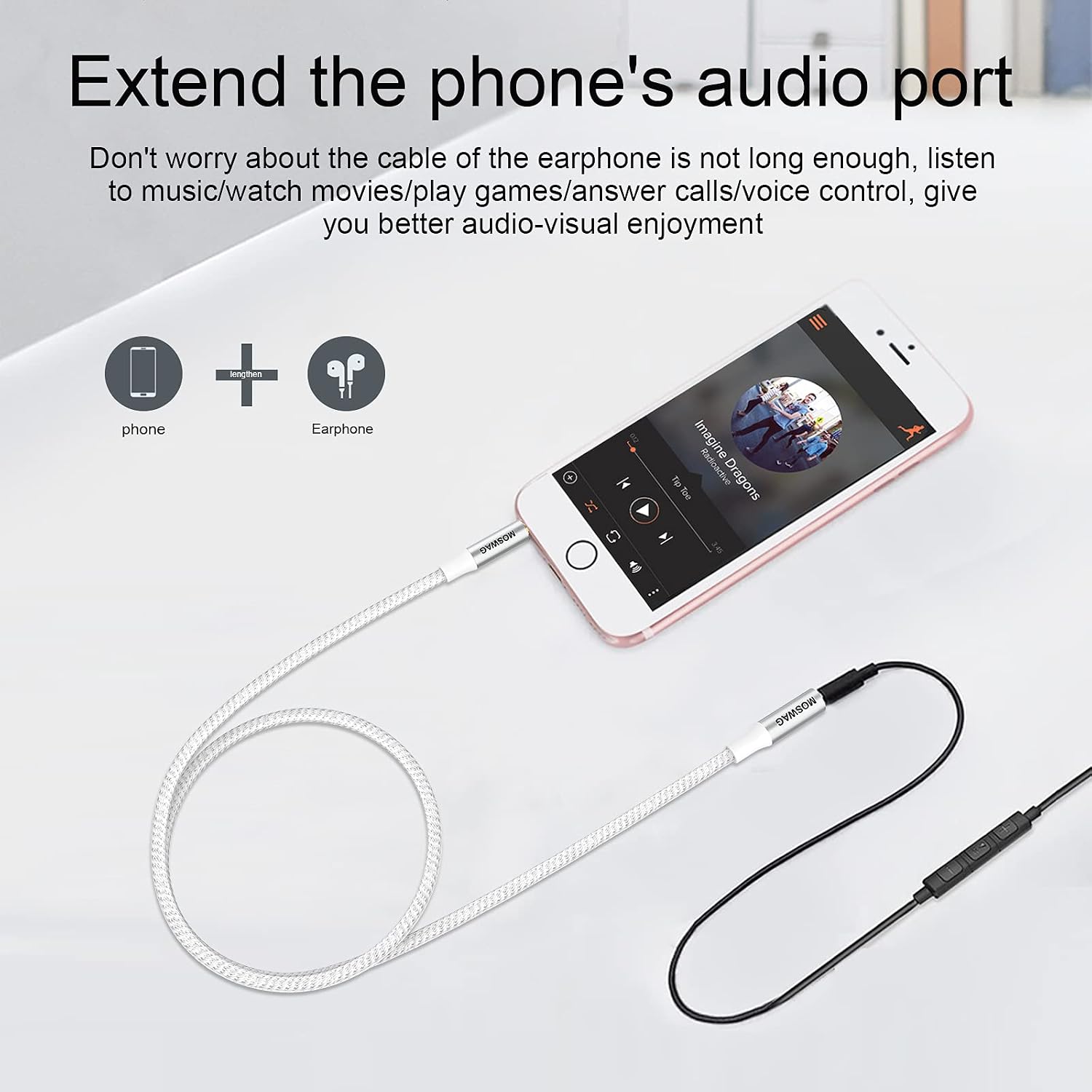MOWSAG 6.6FT/2Meter Long 3.5mm Extension TRRS 4-Pole Headphone Cable Male to Female Audio Cable Nylon Braided Compatible for Home/Car Stereos Smartphones Headphones Tablets Media Players and More
