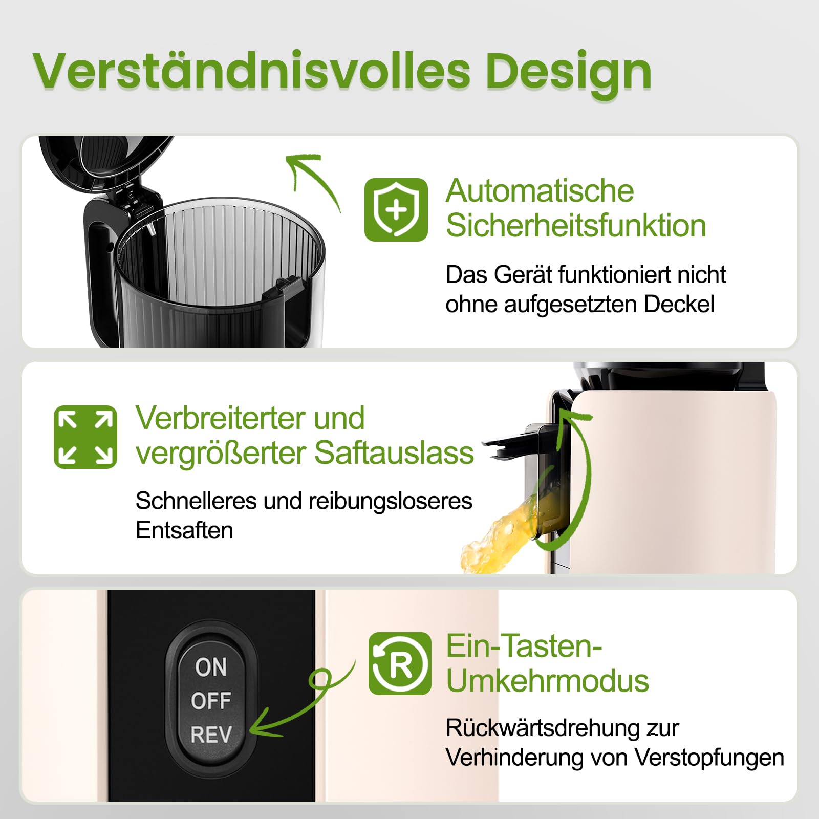 Ventray Ginnie Slow Juicer Entsafter | Elektrische Saftpresse mit 120mm Einfüllschacht für ganze Früchte & Gemüse | Doppelte Filterung | BPA-frei und einfach zu reinigen (Elfenbein)