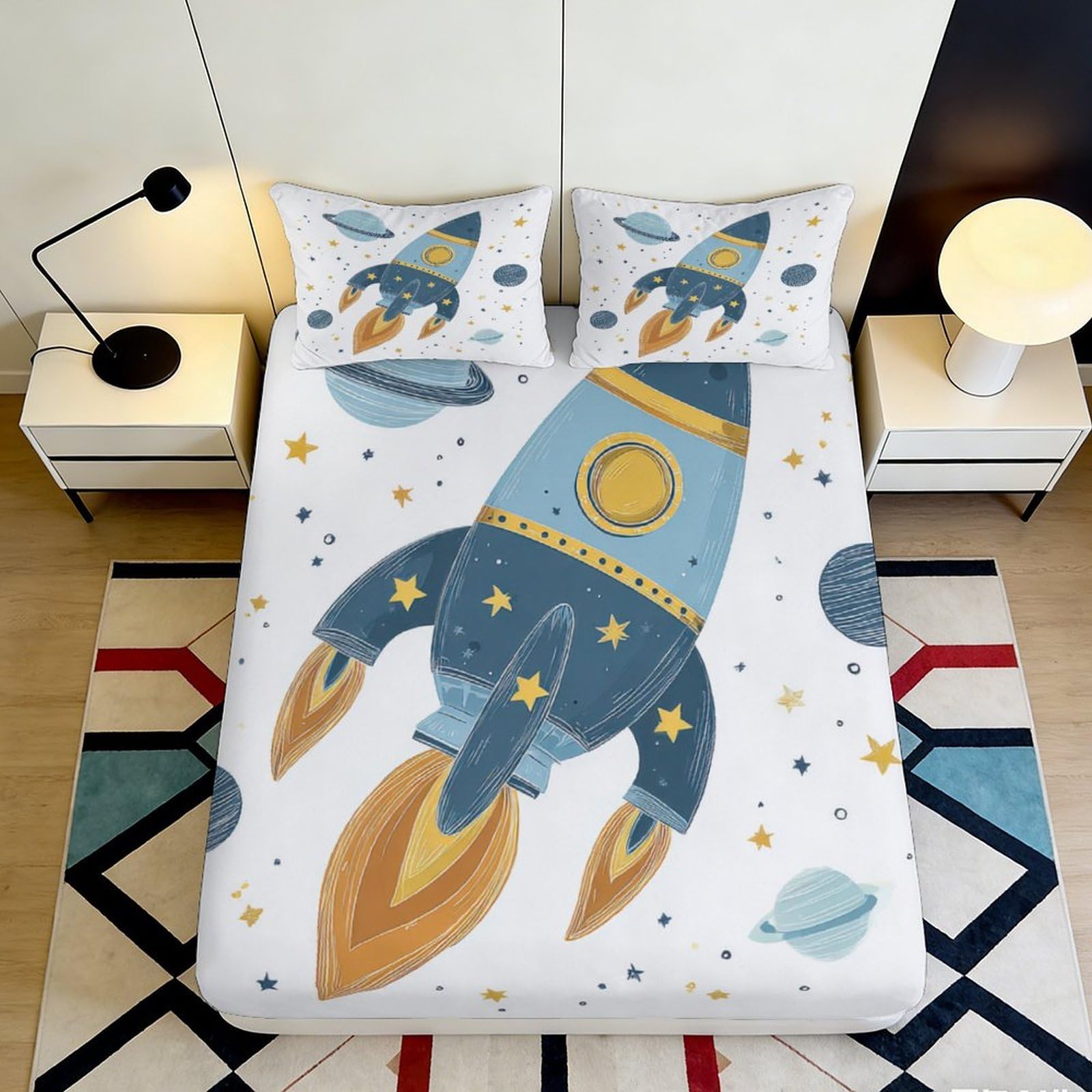 3D Printed Rocket Space Fitted Sheet Microfiber Soft Breathable Planet Mattress Cover Bedroom Dorm Decor 90x200x25cm