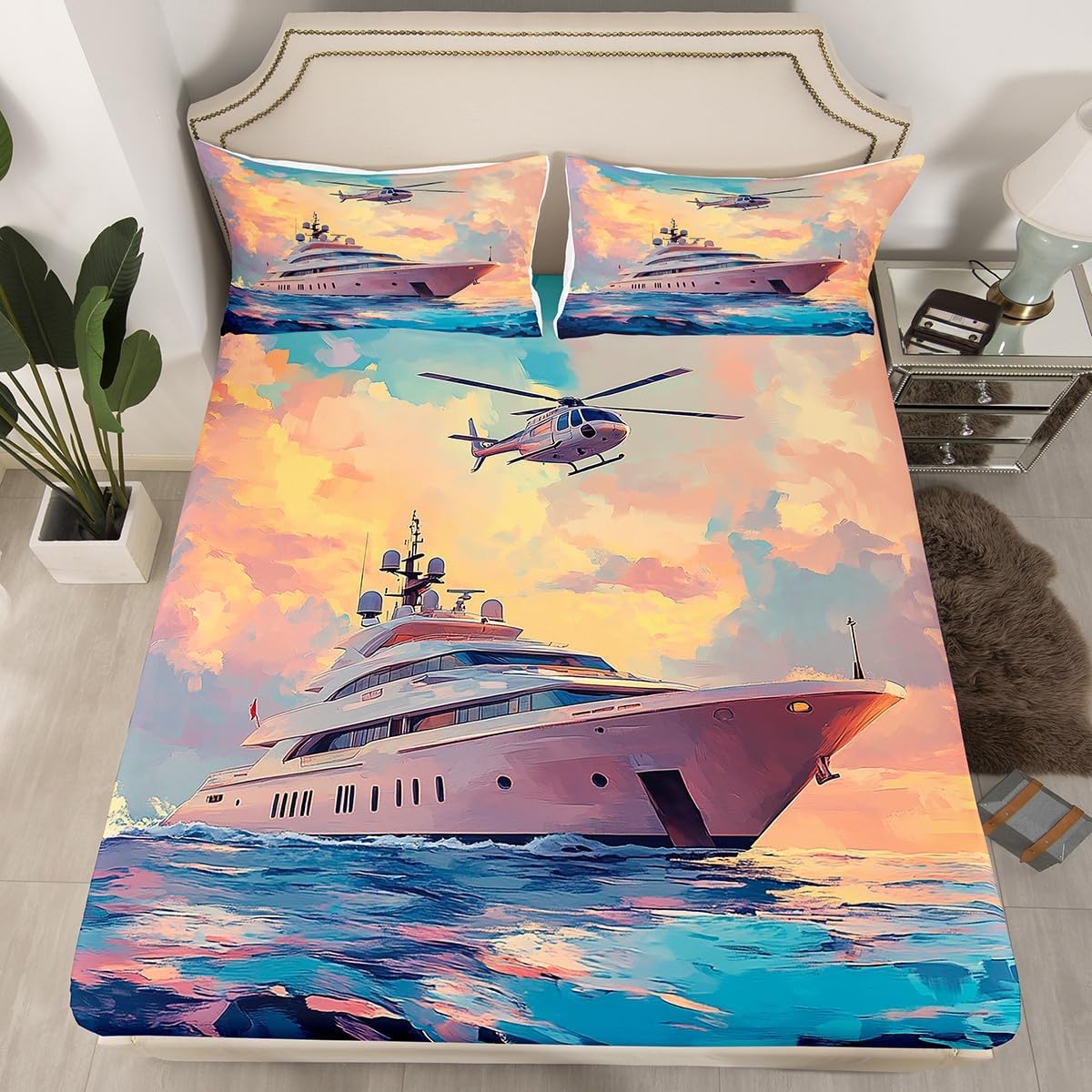 Nautical Ship Fitted Sheet Full Size 3D Helicopter Print Bedding Set for Kids Boys Girls Teens Blue Ocean Wave Bed Sheet Set Military Lover Gift Bed Cover Room Decor,No Top Sheet