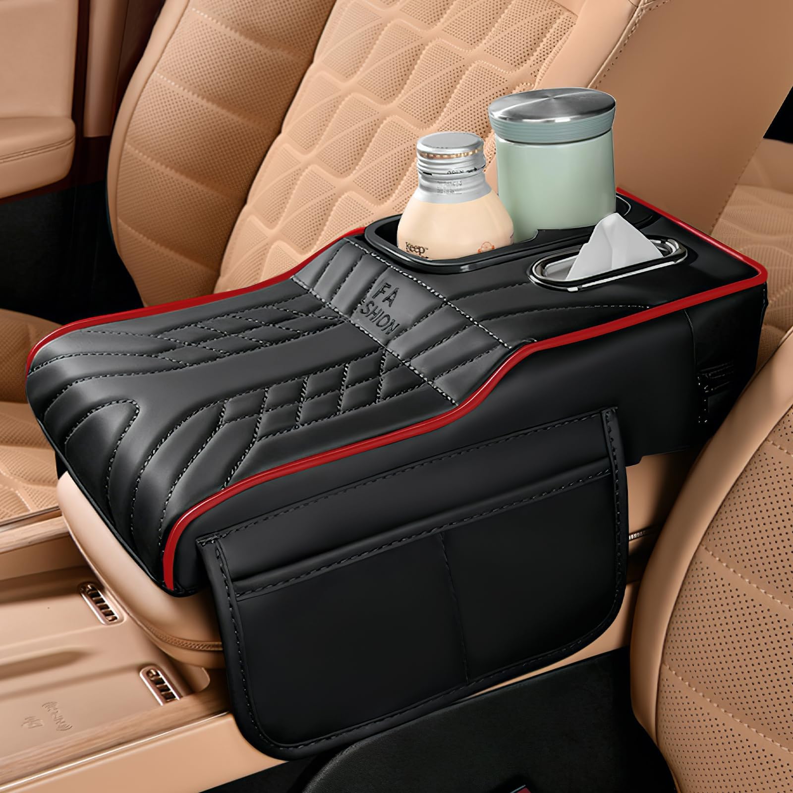 Car Center Console Armrest Pillow, 13.4"×7.5"×2" Leather Auto Arm Rest Cover with Pocket & Tissue Box & Cup Holder, Multifunctional Vehicle Armrest Cushion Pad, Car Accessories (Black+Red)